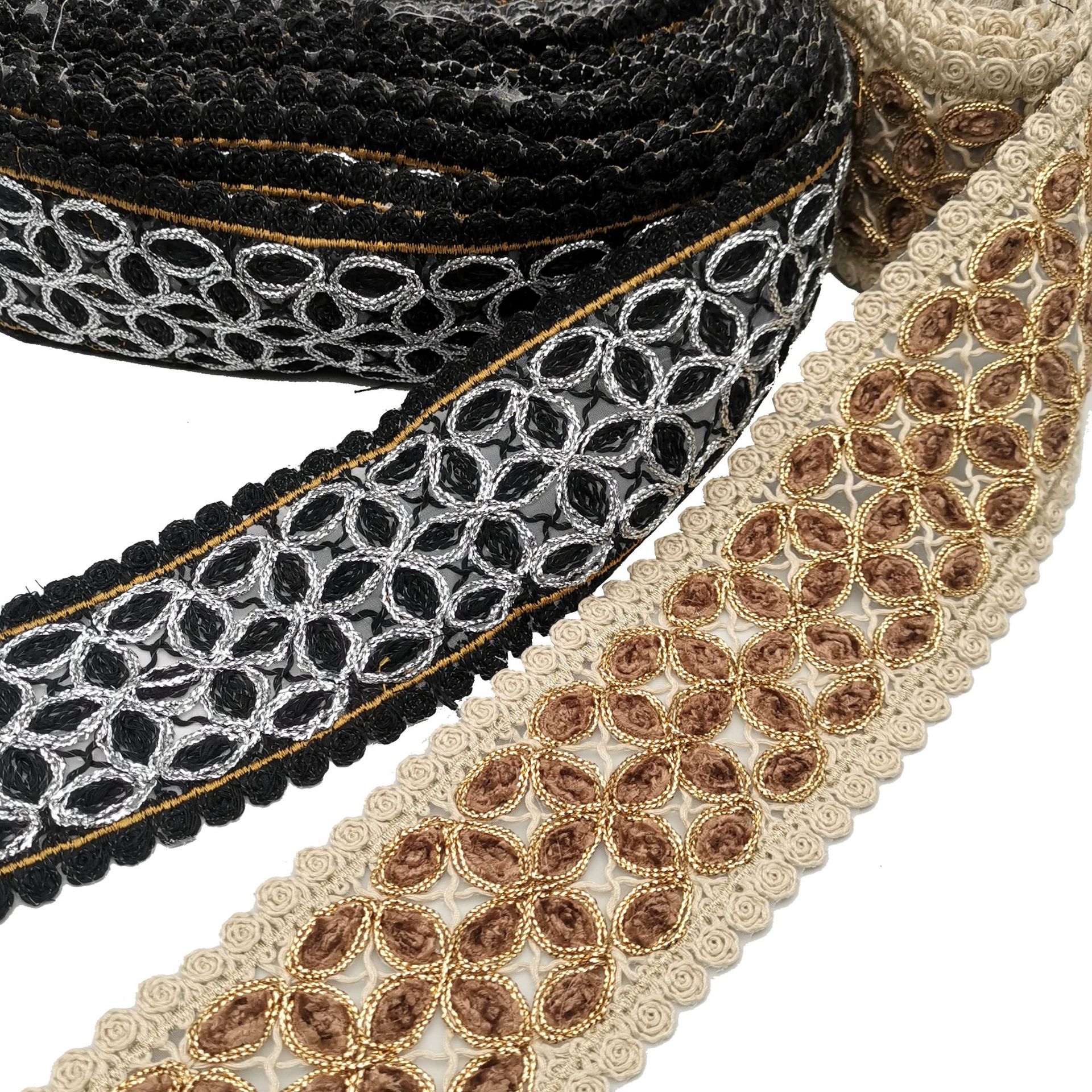 新款民族骨绳刺绣花边织带服装辅料 盘带水溶绣花刺绣织带