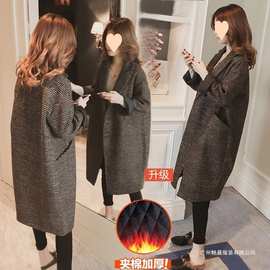 加棉秋冬季西装领茧型毛呢外套韩版千鸟格中长款女宽松呢子大衣潮