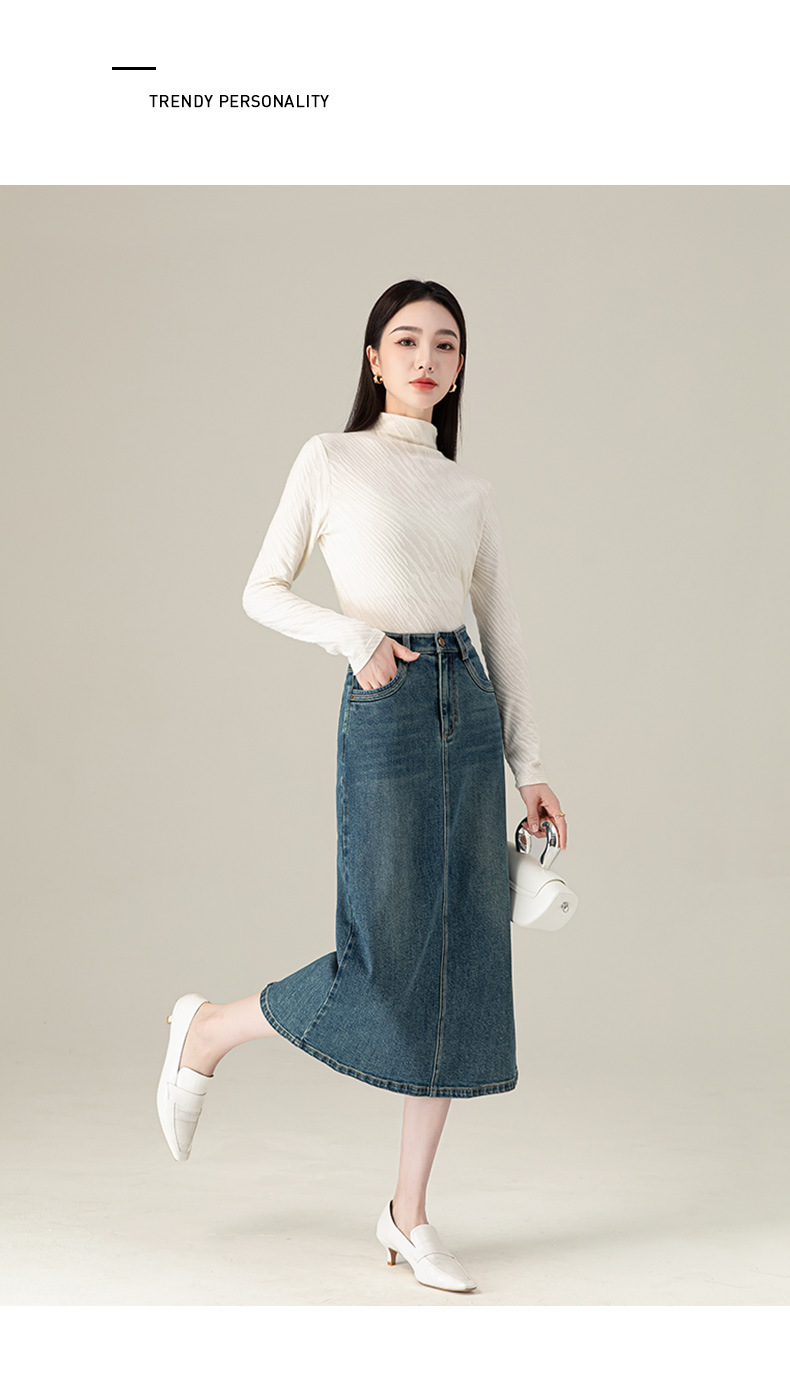 Chân váy jean nữ xẻ tà màu xanh cổ điển cạp cao dáng dài — Màu xanh lam chi tiết 19
