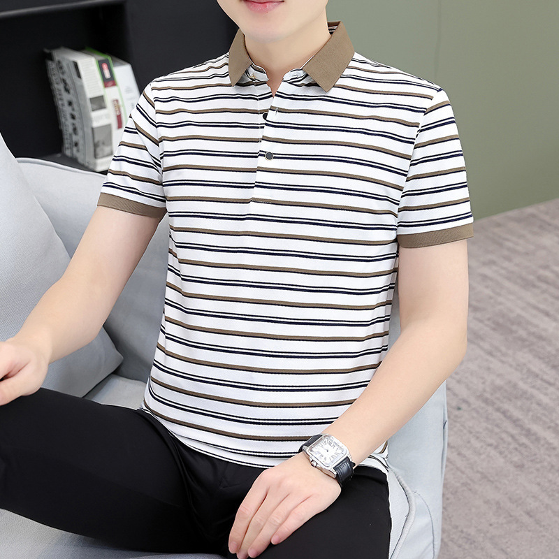 Striped men's short sleeve T-shirt POLO bottoming shirt men's fashion brand half sleeve lapel men's T-shirt jacket wholesale
