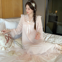 凌蕾春秋纯色V领蕾丝蝴蝶结网纱宫廷公主风中长睡裙睡衣家居服