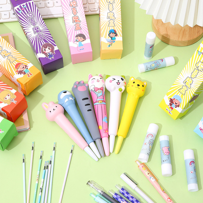 Lindo cuadro ciego descompresión pluma de dibujos animados suerte ciego caja de gel pluma descompresión adivinar caja conjunto pequeño regalo estudiante papelería