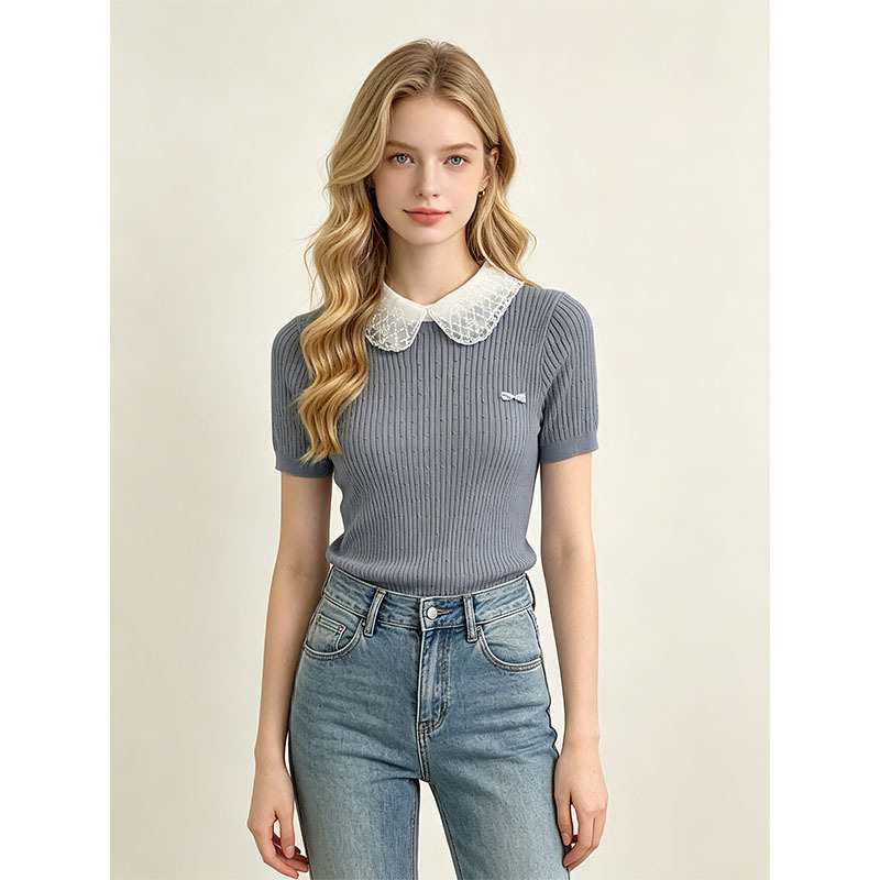Cross-Border Spring and Summer Lace Patchwork Doll Collar Knit Top for Women, Slim Fit with Bow Decoration, Thin T-Shirt Base Layer Cross-Border Spring and Summer Lace Patchwork Doll Collar Knit Top for Women, Slim Fit with Bow Decoration, Thin T-Shirt Base Layer