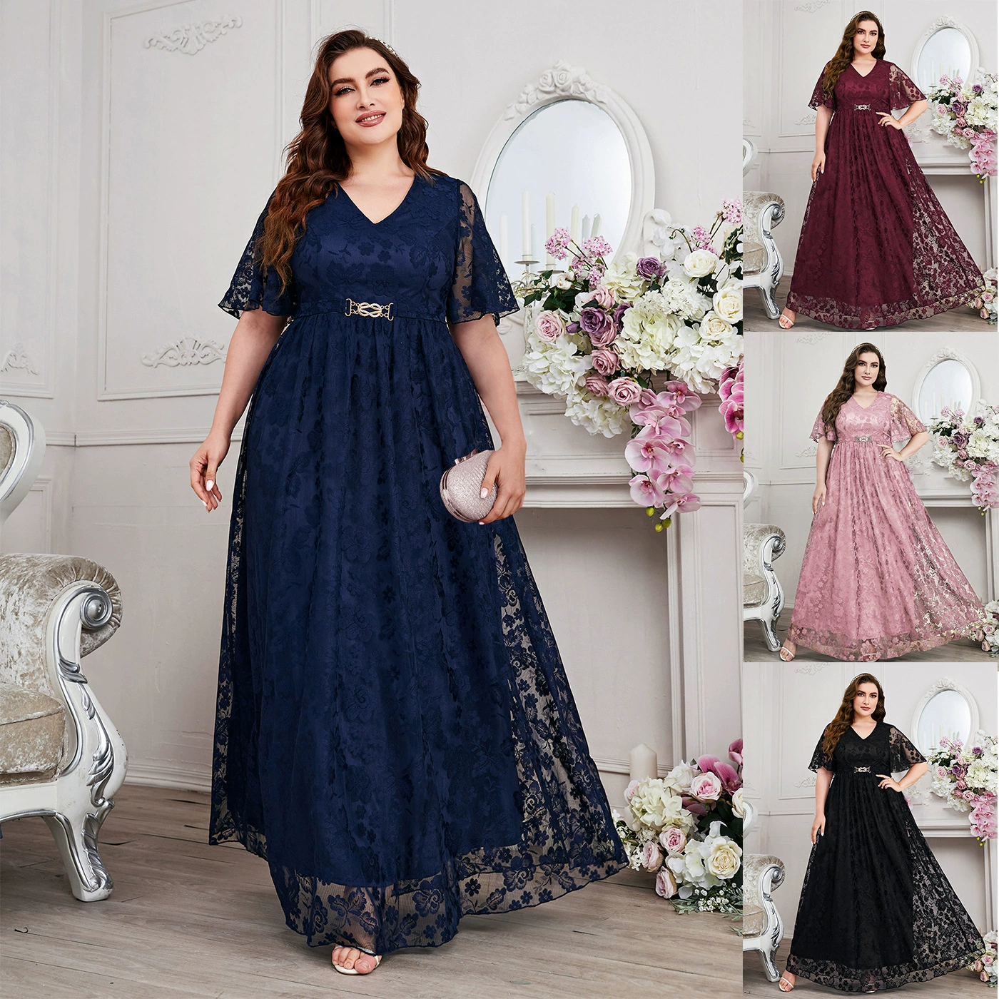 Amazon европейское и американское женское модное и элегантное кружевное платье больших размеров с v-образным вырезом, большая юбка, независимая станция, трансграничная