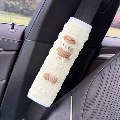 Car Seatbelt Shoulder Protector, Child Anti-Neck-Strangling Safety Belt, Creative Bowknot, Little Sheep Car Interior Decoration (Seat belt shoulder pad) - coffee-lamb-coffee-pearl-bow-new-puff-shoulder-pads-1-pack