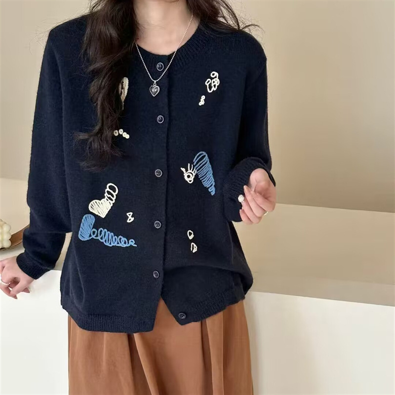 高级感灰色卡通图案针织开衫毛衣外套女上衣小个子秋冬毛衣外套女