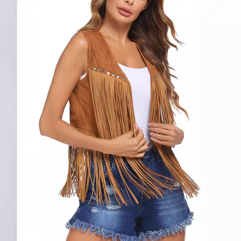 2025 Amazon Tassel Jacket for Women, Suede, Buttonless, Mid-Length Vest, Cardigan, Artistic Retro Style