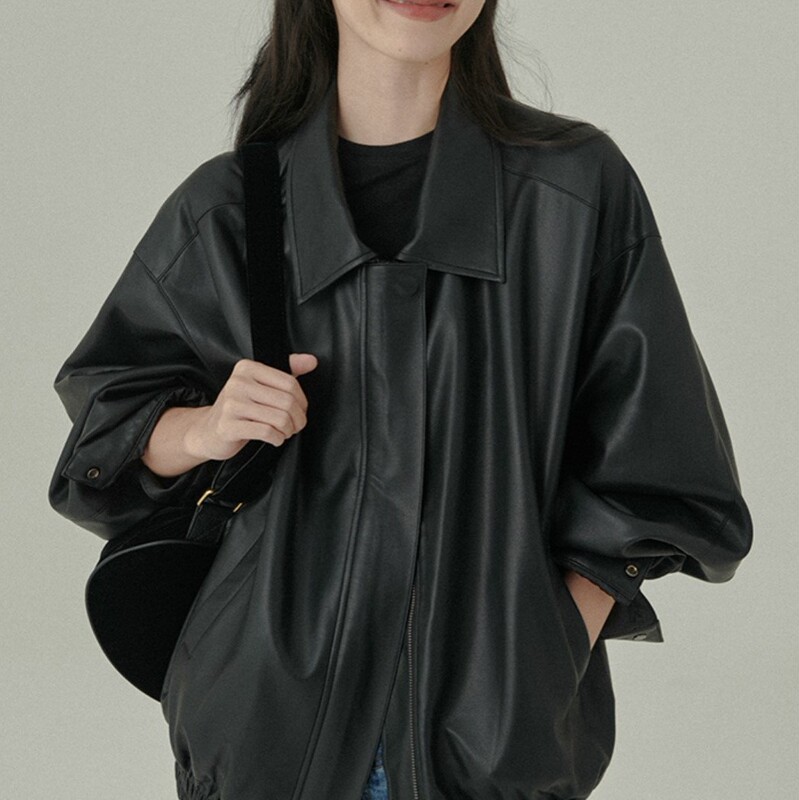 HAVERICE Restaurant New Classic Entry Sweet Cool Girl Autumn Simple Prug Soft Jacket Leather Jacket