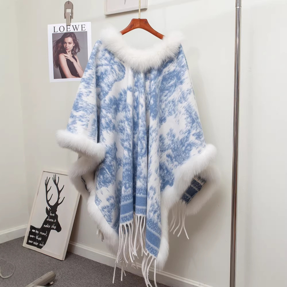 Ink painting style fur collar tassel shawl cape outer layer autumn and winter cover-up women's clothing top scarf elegant fashion warm women's clothing