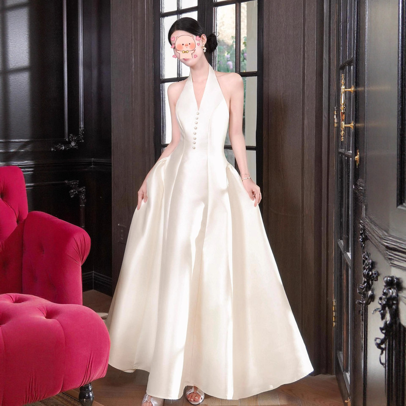 European and American Evening Dress 2026 New Style French Simple and Elegant Satin Waist-Cinching Halter Neck Sleeveless Dress European and American Evening Dress 2026 New Style French Simple and Elegant Satin Waist-Cinching Halter Neck Sleeveless Dress