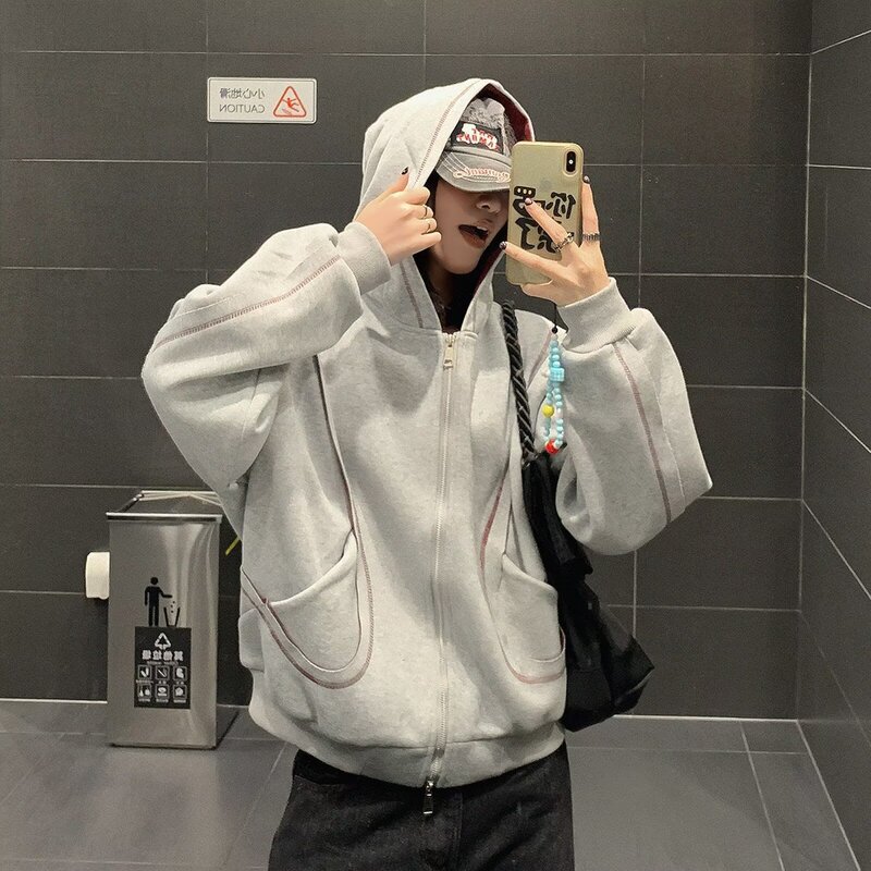 American-Style Lazy Cardigan Sweatshirt for Men, Autumn Design Silhouette Jacket, Heavy Trendy Brand Boxy Hoodie