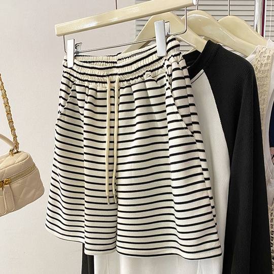 Summer Shorts Sports New Loose High-Waisted Slimming Thin Striped Casual Wide-Leg Versatile Straight Hair Cross-Border Direct Sales