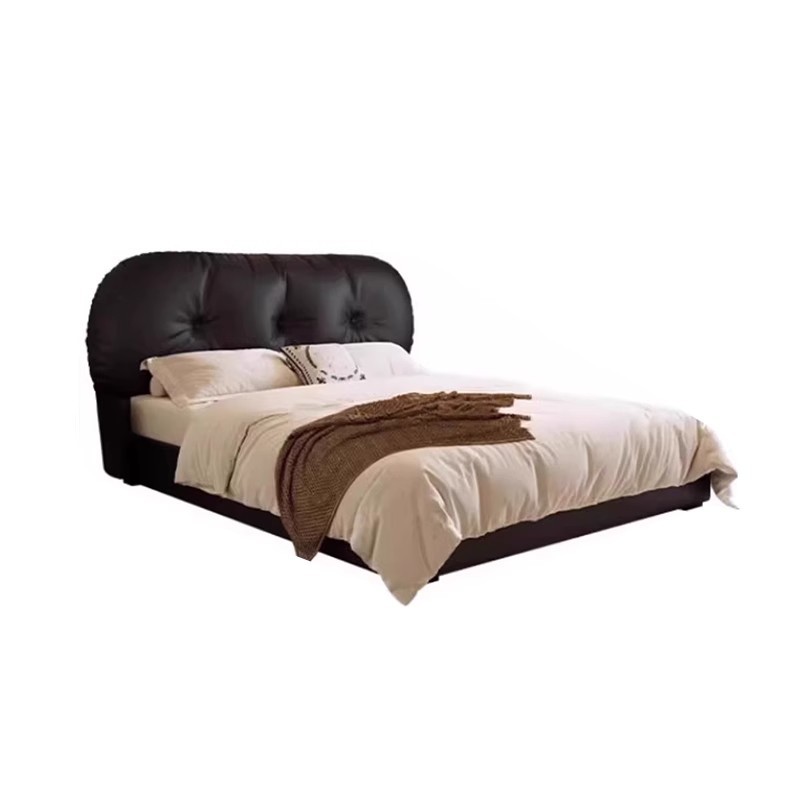 Cama de cuero francesa retro tostada negra de paquete blando cama doble dormitorio principal pequeña casa simple cama de almacenamiento de caja alta