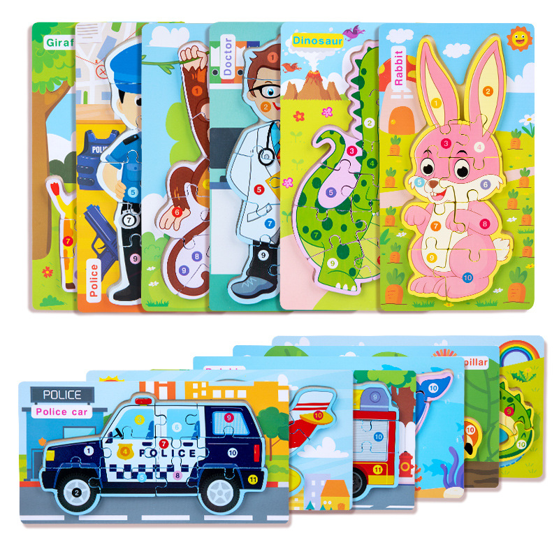 Madera 3D figura 3D tráfico animal educación temprana rompecabezas cognitivo juguete educativo niños ensamblando bloques de construcción de juguete