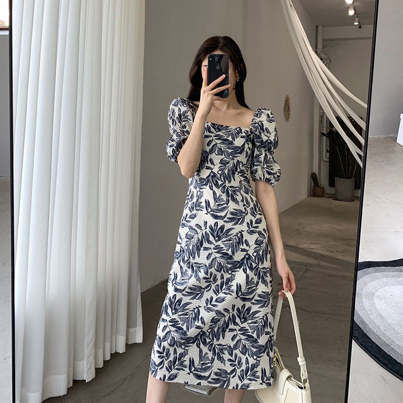 Floral dress female 2021 summer new party led bubble sleeve french temperament thin dress