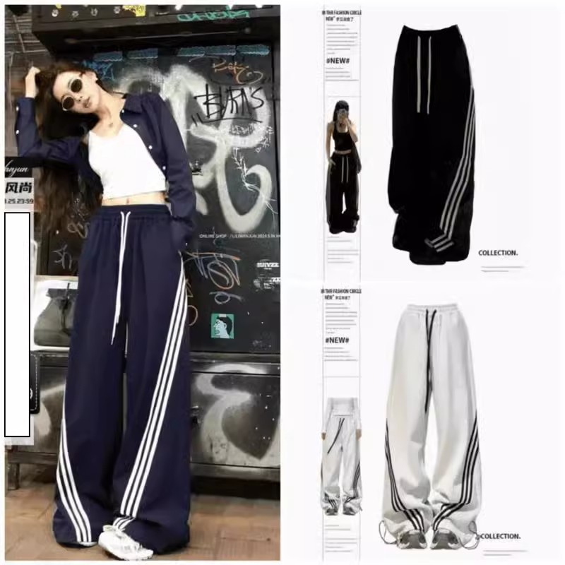 Pantalones deportivos casuales de mujer a rayas negras de la calle alta 2025 nuevo estilo de primavera y otoño sentido del diseño de tres barras pantalones anchos rectos