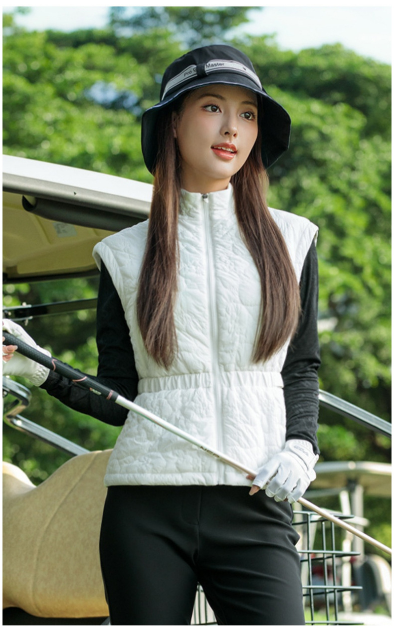 Áo vest khoác nữ thể thao golf chần bông cổ đứng khóa kéo — Áo vest trắng [eo có thể điều chỉnh/cổ áo đứng có khóa kéo/lót chần bông] YF856 chi tiết 12