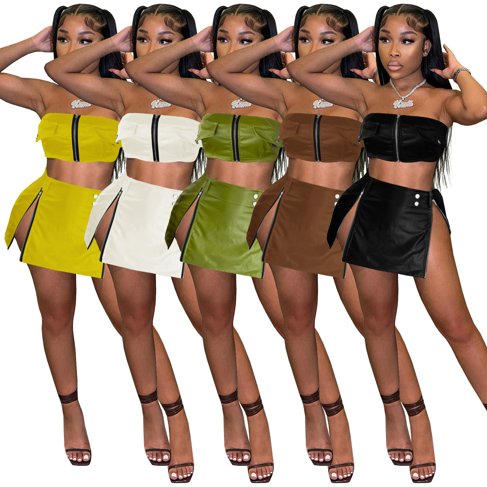 Daily Women's Sexy Streetwear Solid Color Pu Spandex Skirt Sets Skirt Sets display picture 1