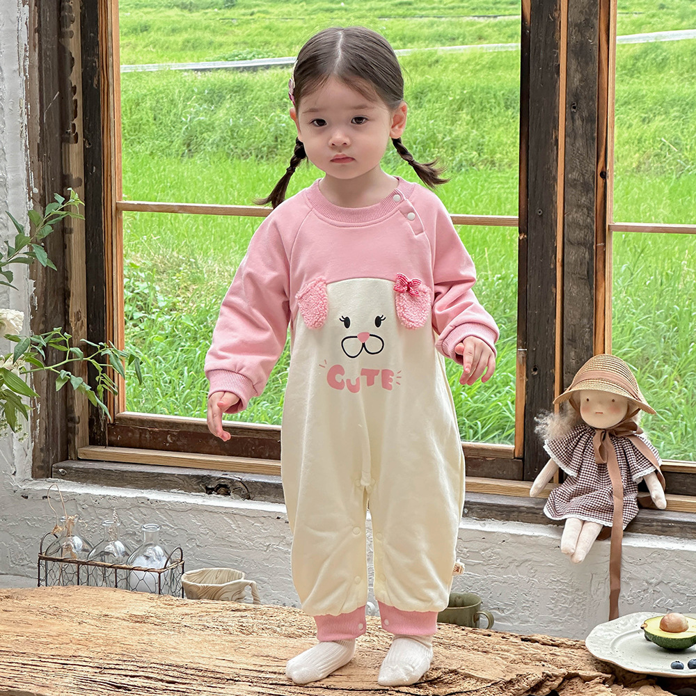Ropa de bebé, traje de escalada para bebés de primavera, mameluco de manga larga, color en contraste, mono de dibujos animados de bebé femenino lindo y súper lindo