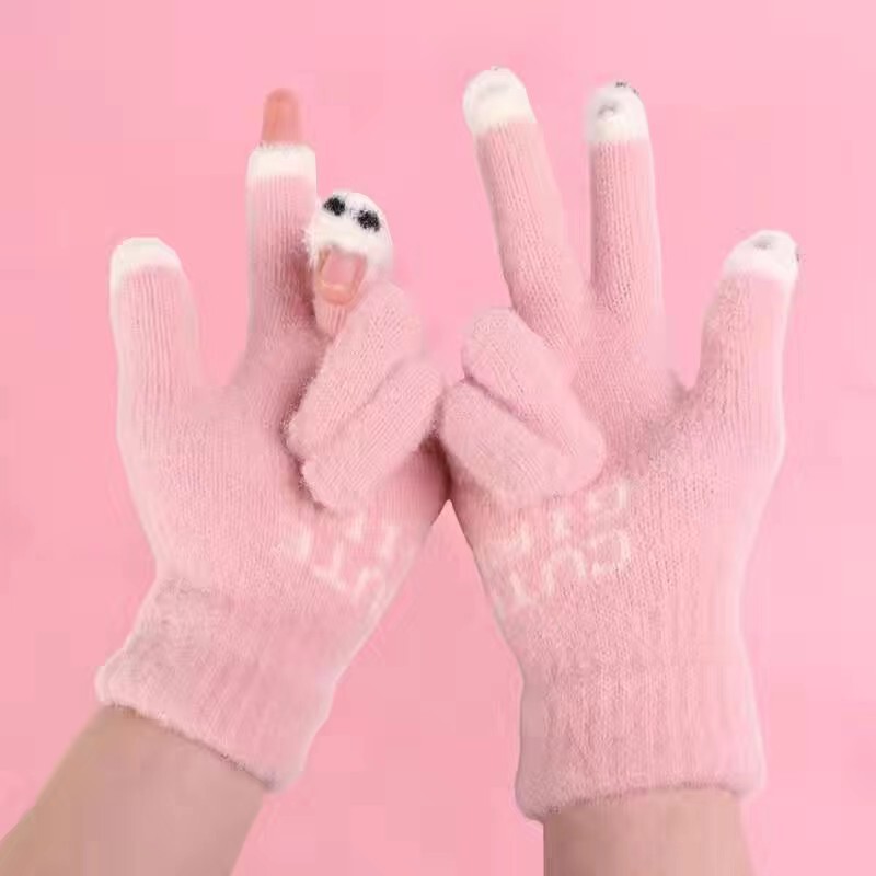 冬暖かいニット手袋卸売ビーニーフィッシュかわいい漫画手袋女子学生漏れ指タッチスクリーンウール手袋|undefined