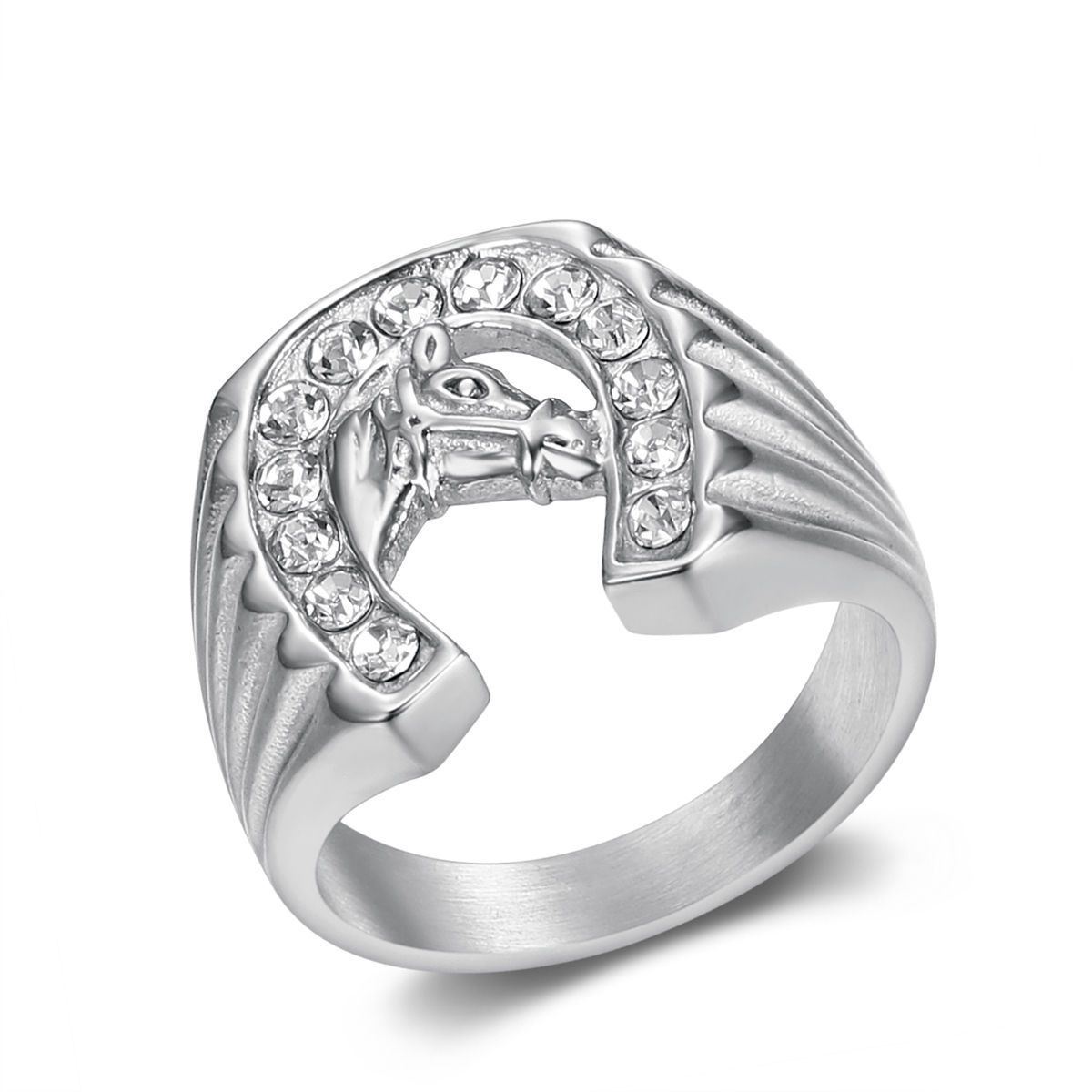 Daily, Street Occasion Titanium Steel Material Hip-Hop Horse Titanium Steel Plating Inlay Rhinestones 18K Gold Plated Men's Rings