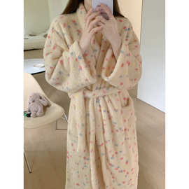 实拍2025韩系冬季睡衣ins毛绒彩点印花珊瑚绒睡袍家居服女批发