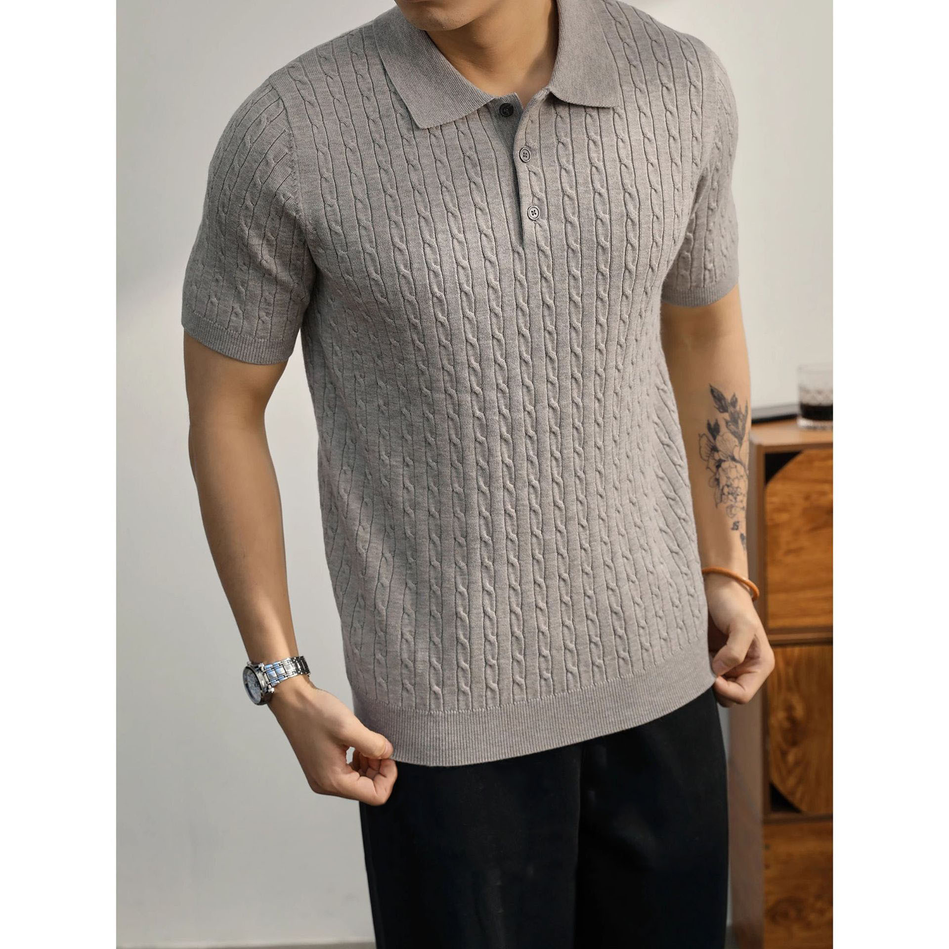Polo camiseta de punto camiseta de manga corta camiseta de hombre solapa texturas de torsión viejos viento de hielo de verano fábrica transfronteriza al por mayor