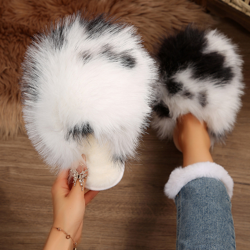 Cross-Border Amazon Fluffy Fur Slippers for Women European and American Winter Fashion Export 43 Large Size Baotou Warm Cotton Slippers