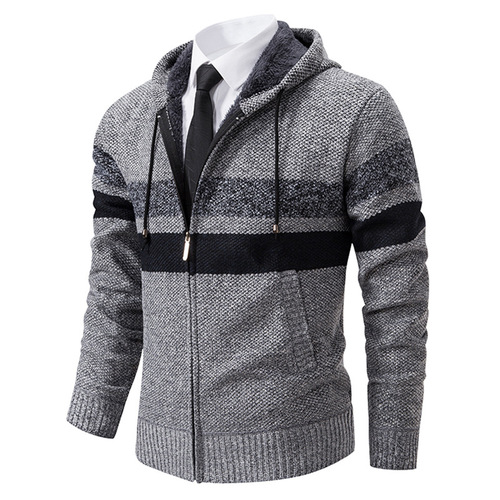 Men's Knit Cardigan with Fleece and Thick Wool Sweater, Men's Color Block Hooded Youth Warm Knit Topcoat