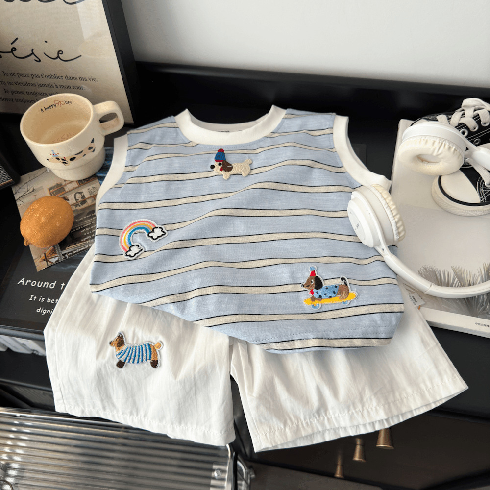 Boys Casual Shorts Vest Suit Summer New Kidsren's Cartoon Pure Cotton Sleeveless T-Shirt Stripesd Embroider Baby