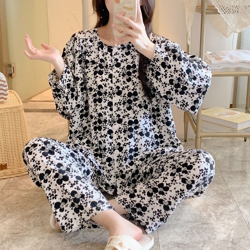 棉绸睡衣女春秋夏薄款宽松大码长袖长裤人造棉套装家居可外穿开衫|undefined