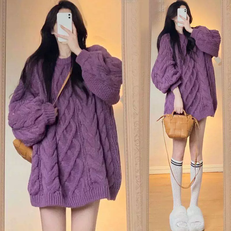 Крючковый Oversize свитер корейского стиля для подростков, демисезон, цветной, one size (фиолетовый)