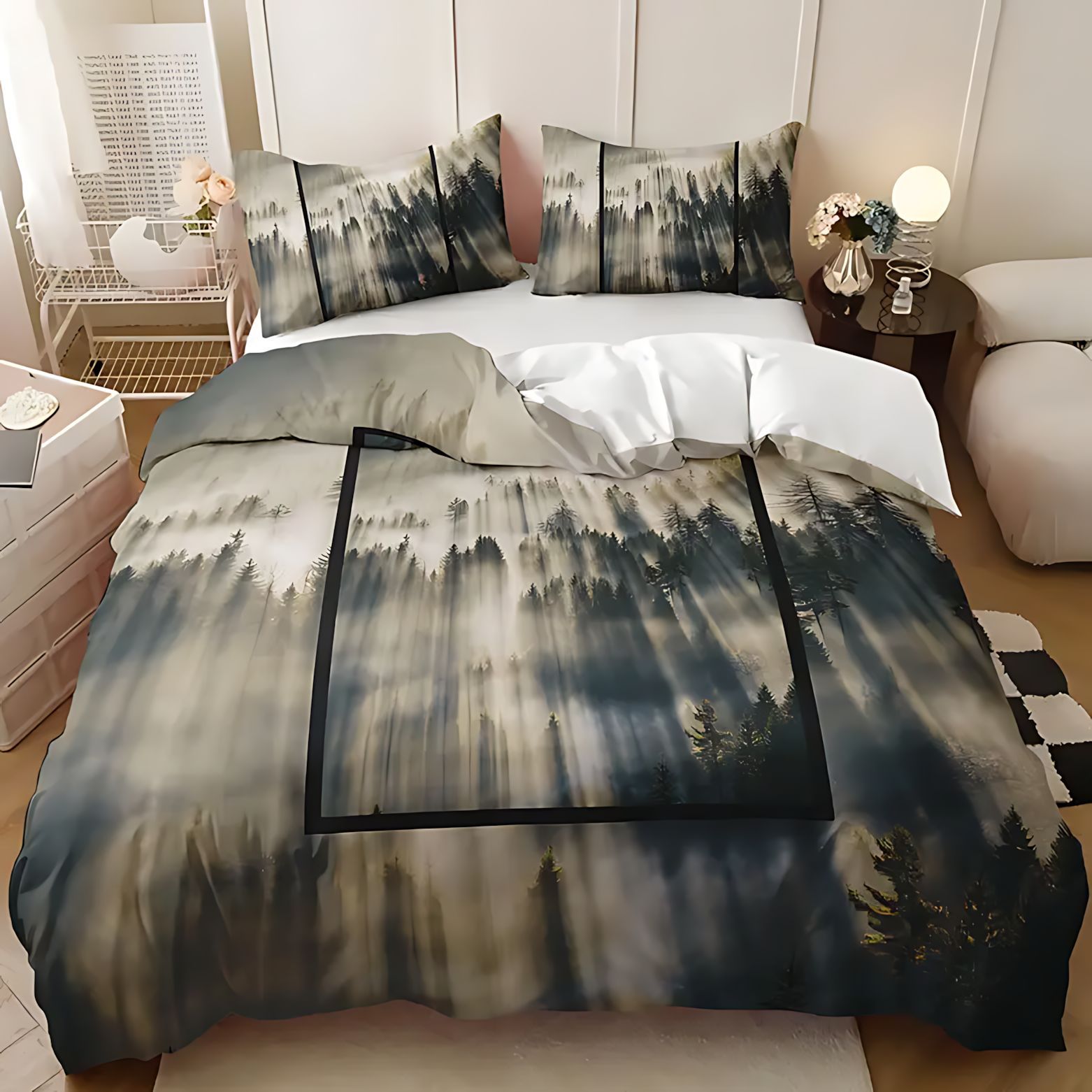 TEMU / JIT Bosque transfronterizo dibujos animados 3D impresión digital abrasión suave y cómodo conjunto de edredón para diseñar