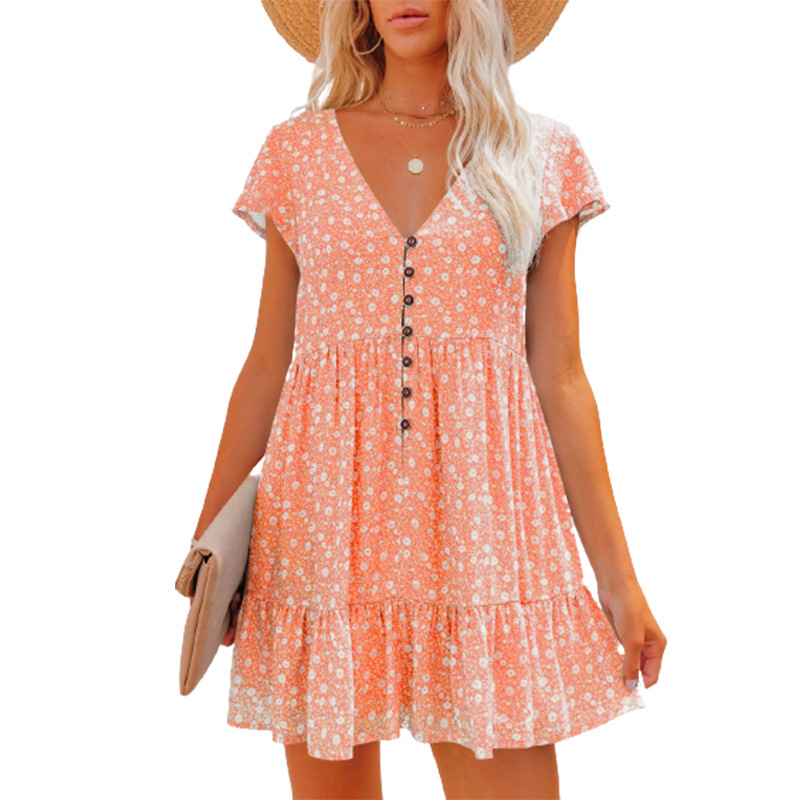 Floral Print V-Neck Short-Sleeved Dress NSLZ113895