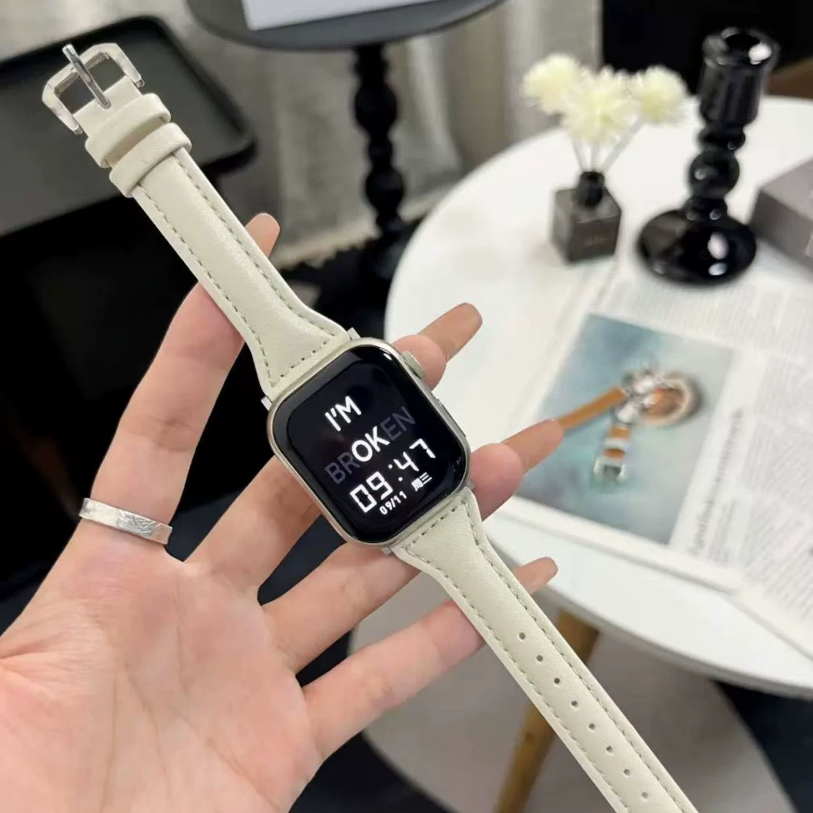 Подходящий ремешок из телячьей кожи для запястья iWatch8 Apple Watch Write Wire Botes SE5/6/7/8/9 поколения Xiaoman талия custard calf leather ремешок