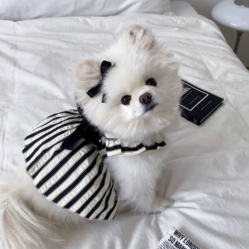Primavera y verano perro princesa estilo Hepburn gran lazo vestido a rayas Teddy falda de gato ropa para perros
