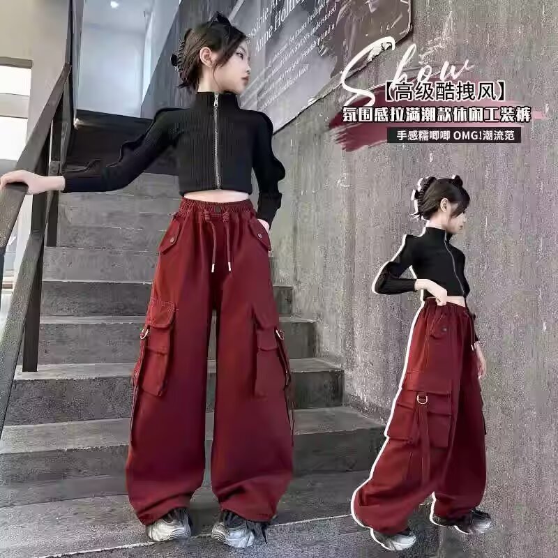 美式复古工装裤ins高街设计宽松红色阔腿裤子女童百搭直筒休闲裤|undefined