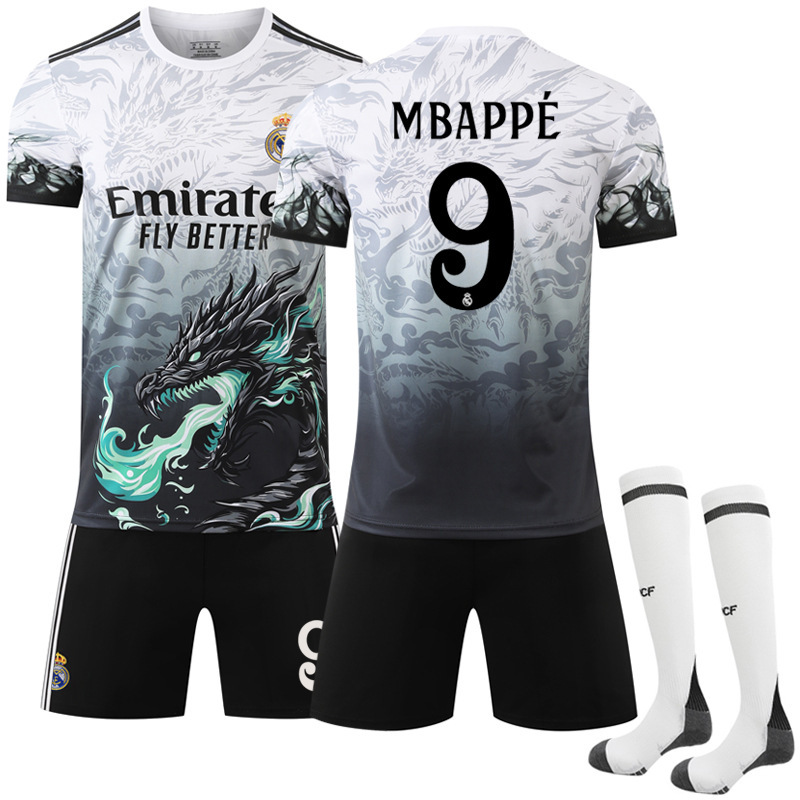 2425 Real Madrid Blue Dragon Special Edition Dragon Pattern White Football Suit No.9 Mbappe 5 Bellingham 7 Vinicus