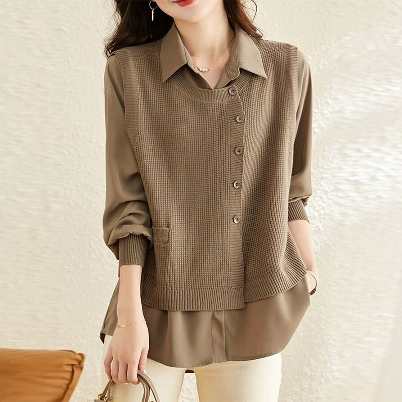 Long-Sleeved Knitwear for Women, Autumn 2023 New European Fashion Blouse, Plus Size Casual Fake Two-Piece Top, Commuter Style Long-Sleeved Knitwear for Women, Autumn 2023 New European Fashion Blouse, Plus Size Casual Fake Two-Piece Top, Commuter Style