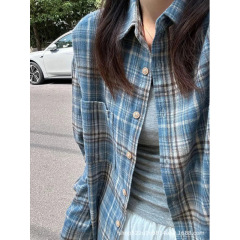 磨毛蓝色格子衬衫女春秋季复古宽松休闲长袖衬衣情侣薄款小外套潮