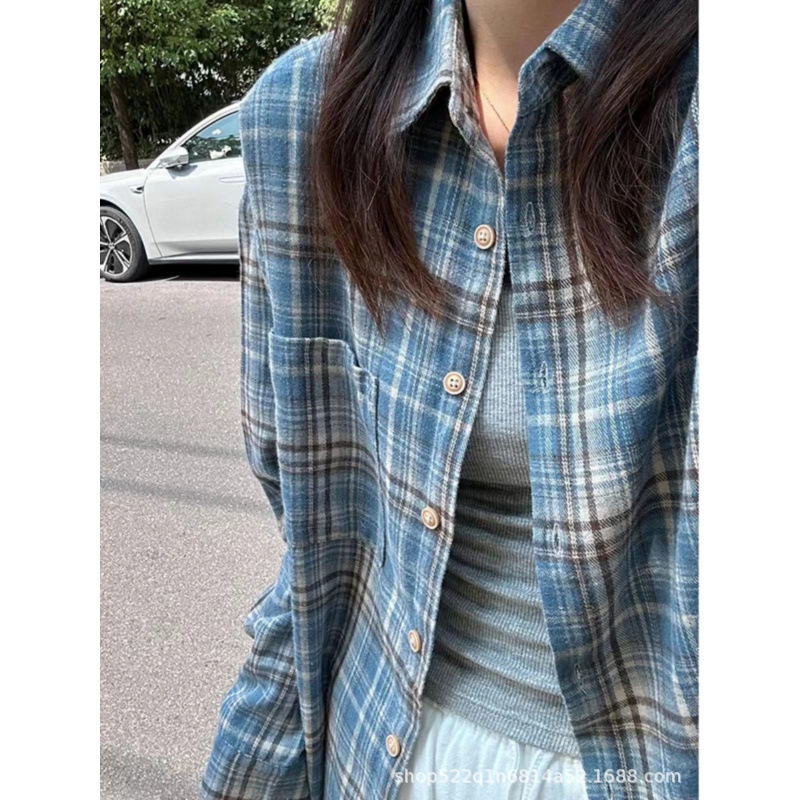 磨毛蓝色格子衬衫女春秋季复古宽松休闲长袖衬衣情侣薄款小外套潮|undefined