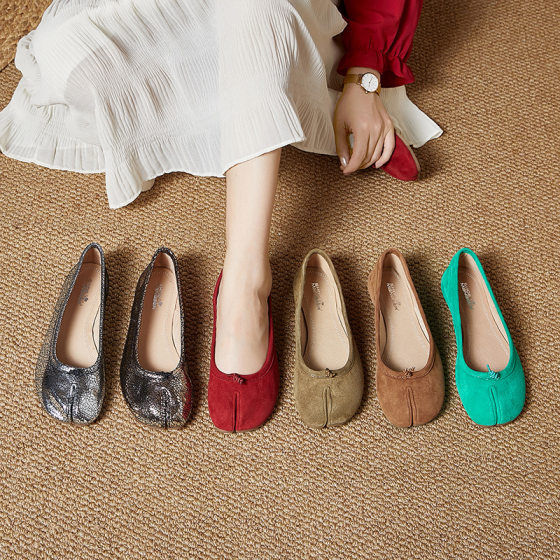 Single Shoes Women's Genuine Leather Dongguan Foreign Trade Shoes Sheepskin MM6 Toe Shoes 2025 New Green Ballet Flat Women's Shoes