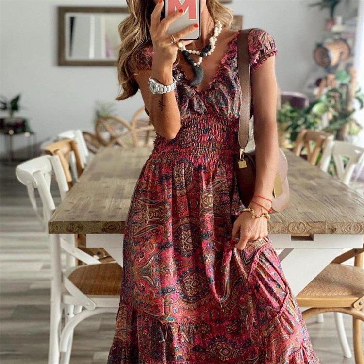 Women's Swing Dress Bohemian V Neck Patchwork Pleated Short Sleeve Printing Maxi Long Dress Travel display picture 3