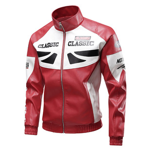 Cross-Border 2025 New Motorcycle Leather Jacket Men's Color Matching Racing Suit Jacket Men's Trendy and Handsome Youth Leather Jacket