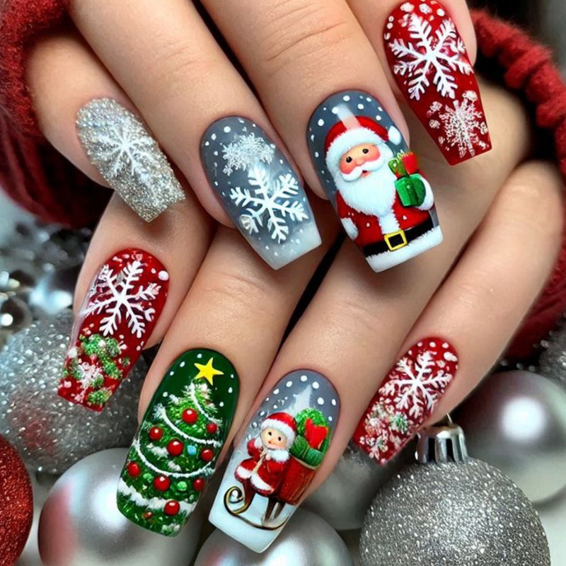 Christmas Nails Medium Length European Square Nail Patch Santa Claus Snowflake Christmas Tree Pattern Decorative Fake Nails