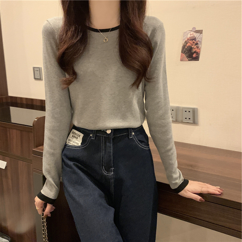 间色打底T恤女秋季新款长袖小众设计感修身圆领短款薄款上衣|undefined