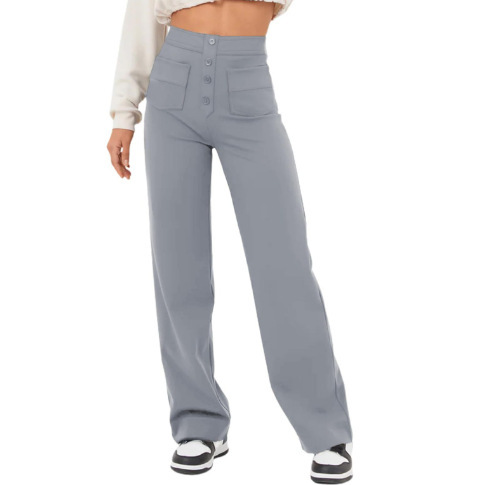 2023 Amazon European and American fashion new women's casual straight pants high waist button elastic with multiple pockets