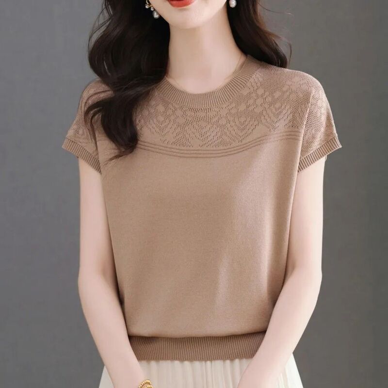 New Fashionable Casual Mom-Style Knitwear, Women's Short-Sleeved Versatile Summer Wear, New Style Top, Stylish and Trendy for Outerwear New Fashionable Casual Mom-Style Knitwear, Women's Short-Sleeved Versatile Summer Wear, New Style Top, Stylish and Trendy for Outerwear