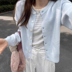 软奶蓝色长袖针织开衫女秋冬季慵懒风短款软糯感毛衣外套薄款上衣