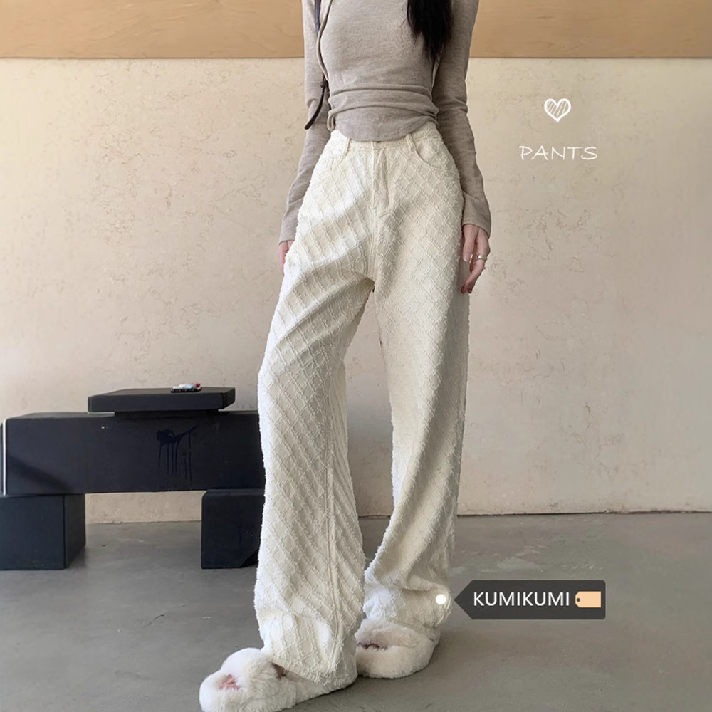 Designed Small Fragrant Plaid White High-Waisted Diamond Plaid Jeans for Women New Jacquard Slimming Look Wide-Leg Floor Mopping Pants
